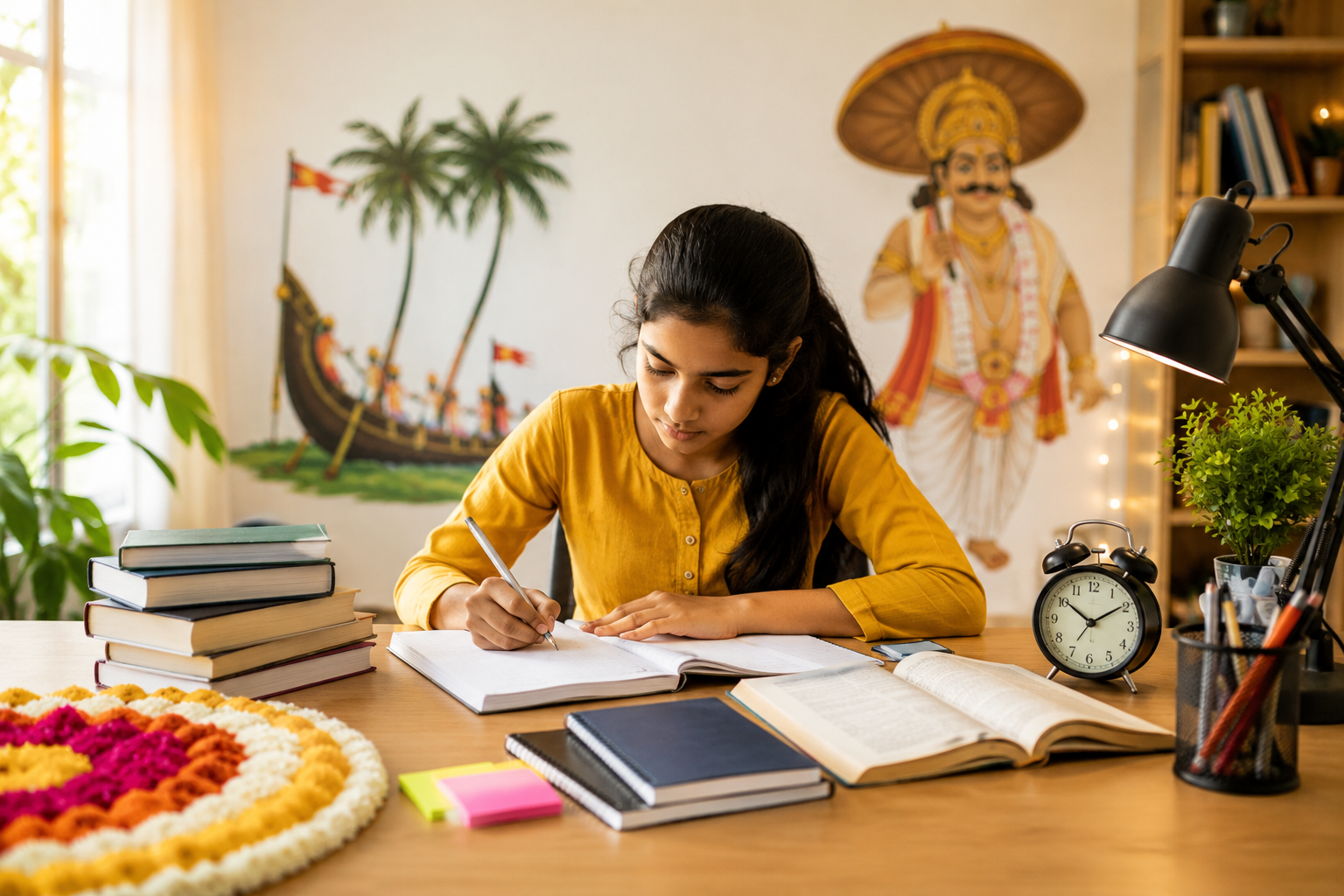 Student preparing for Onam exams with books and notes during a focused study session