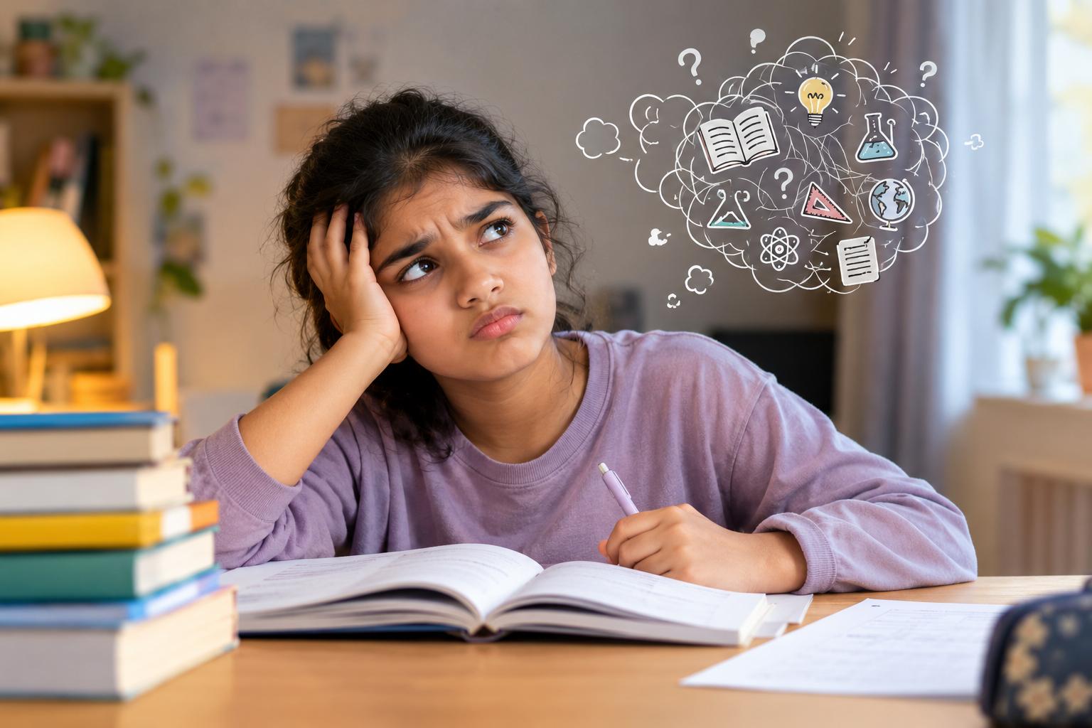 Stressed child struggling to remember what they studied before an exam