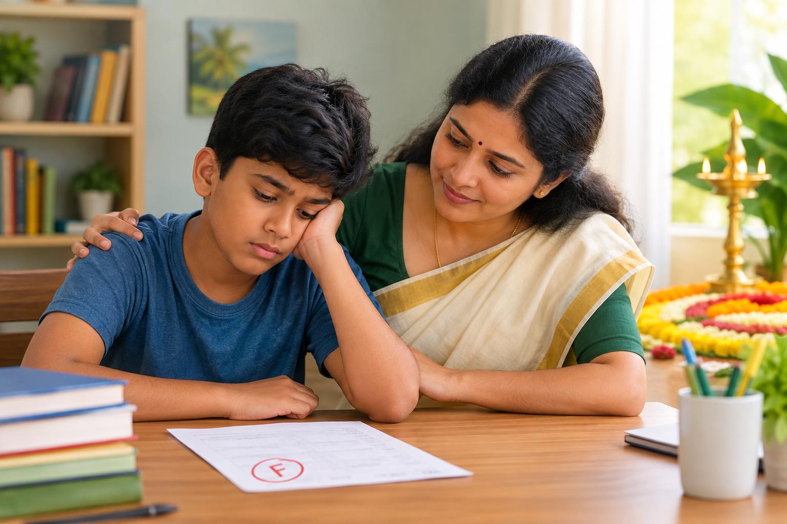 Child recovering from a poor Onam exam result with support from a parent at home
